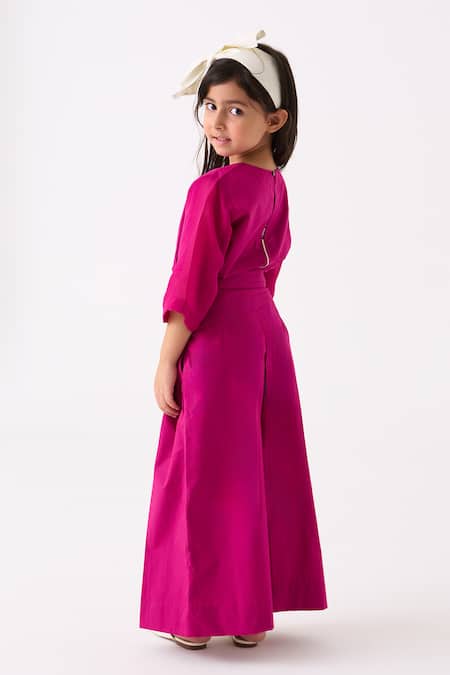 Shop Three Fuchsia Poplin Applique Floral Work Top With Pant at Aza Fashions Shop_Three_Fuchsia Poplin Applique Floral Work Top With Pant _at_Aza_Fashions