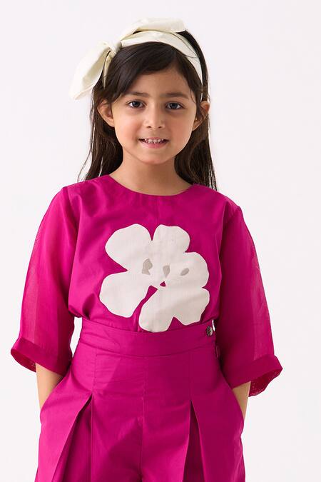 Three Fuchsia Poplin Applique Floral Work Top With Pant Online at Aza Fashions Three_Fuchsia Poplin Applique Floral Work Top With Pant _Online_at_Aza_Fashions