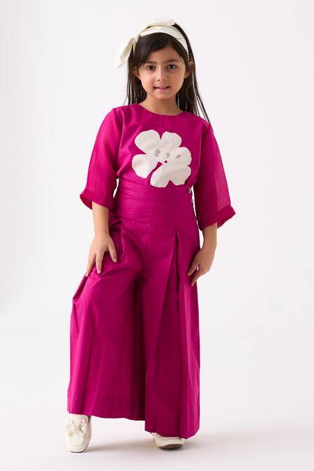 Buy Three Fuchsia Poplin Applique Floral Work Top With Pant Online at Aza Fashions Buy_Three_Fuchsia Poplin Applique Floral Work Top With Pant _Online_at_Aza_Fashions