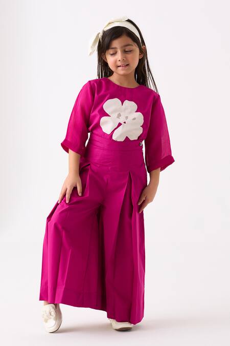 Shop Three Fuchsia Poplin Applique Floral Work Top With Pant Online at Aza Fashions Shop_Three_Fuchsia Poplin Applique Floral Work Top With Pant _Online_at_Aza_Fashions