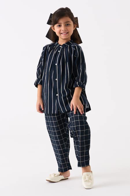 THREE Gathered Neck Stripe Pattern Shirt With Pant 