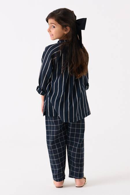 Shop Three Black Mul Printed Checks Gathered Neck Stripe Pattern Shirt With Pant at Aza Fashions Shop_Three_Black Mul Printed Checks Gathered Neck Stripe Pattern Shirt With Pant_at_Aza_Fashions