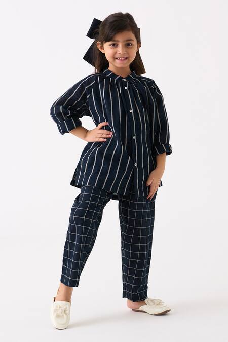Three Black Mul Printed Checks Gathered Neck Stripe Pattern Shirt With Pant Online at Aza Fashions Three_Black Mul Printed Checks Gathered Neck Stripe Pattern Shirt With Pant_Online_at_Aza_Fashions