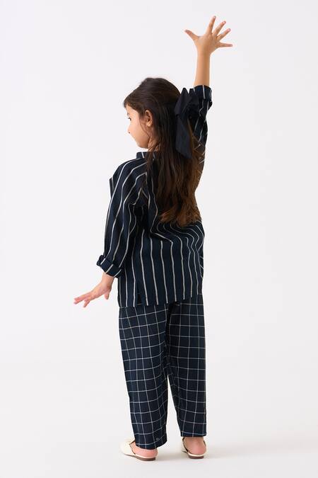 Buy Three Black Mul Printed Checks Gathered Neck Stripe Pattern Shirt With Pant Online at Aza Fashions Buy_Three_Black Mul Printed Checks Gathered Neck Stripe Pattern Shirt With Pant_Online_at_Aza_Fashions