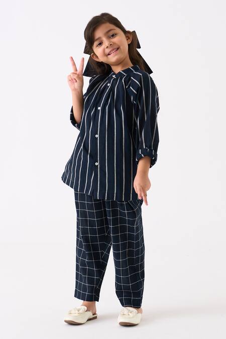 Shop Three Black Mul Printed Checks Gathered Neck Stripe Pattern Shirt With Pant Online at Aza Fashions Shop_Three_Black Mul Printed Checks Gathered Neck Stripe Pattern Shirt With Pant_Online_at_Aza_Fashions