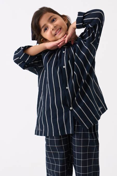 Three Black Mul Printed Checks Gathered Neck Stripe Pattern Shirt With Pant at Aza Fashions Three_Black Mul Printed Checks Gathered Neck Stripe Pattern Shirt With Pant_at_Aza_Fashions