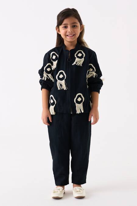 Three Black Handloom Cotton Embroidered Fringe Bomber Jacket With Pant Online at Aza Fashions Three_Black Handloom Cotton Embroidered Fringe Bomber Jacket With Pant _Online_at_Aza_Fashions