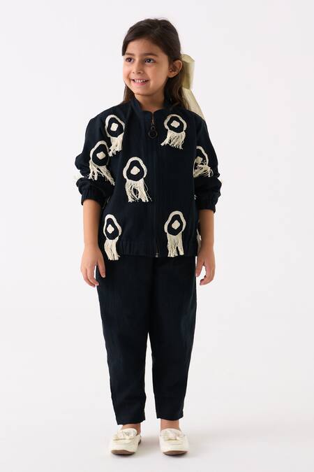 Buy Three Black Handloom Cotton Embroidered Fringe Bomber Jacket With Pant Online at Aza Fashions Buy_Three_Black Handloom Cotton Embroidered Fringe Bomber Jacket With Pant _Online_at_Aza_Fashions