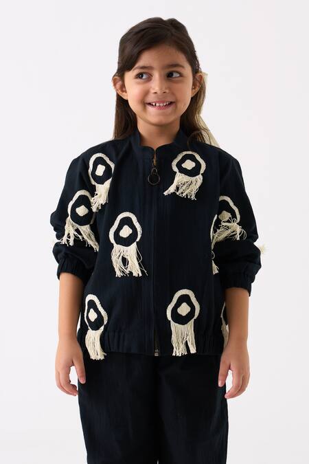 Shop Three Black Handloom Cotton Embroidered Fringe Bomber Jacket With Pant Online at Aza Fashions Shop_Three_Black Handloom Cotton Embroidered Fringe Bomber Jacket With Pant _Online_at_Aza_Fashions