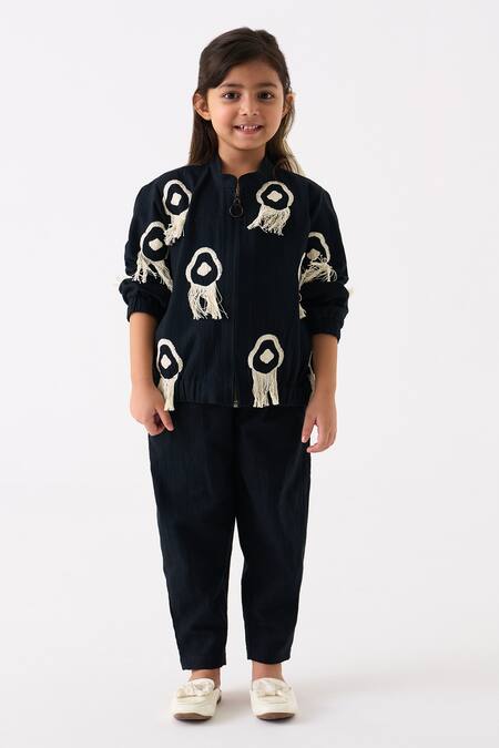 Three Black Handloom Cotton Embroidered Fringe Bomber Jacket With Pant at Aza Fashions Three_Black Handloom Cotton Embroidered Fringe Bomber Jacket With Pant _at_Aza_Fashions