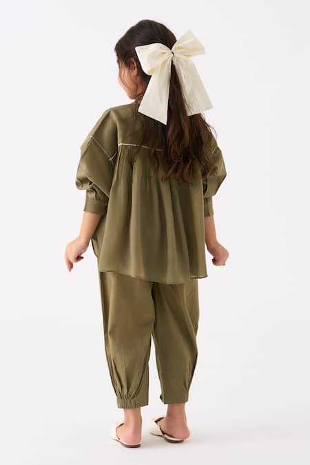 Shop Three Green Top Chanderi Pintuck Detail With Pant at Aza Fashions Shop_Three_Green Top Chanderi Pintuck Detail With Pant _at_Aza_Fashions