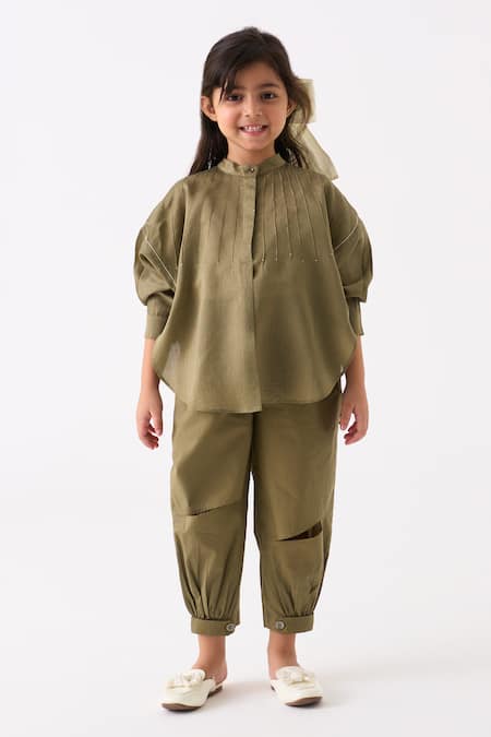 Three Green Top Chanderi Pintuck Detail With Pant Online at Aza Fashions Three_Green Top Chanderi Pintuck Detail With Pant _Online_at_Aza_Fashions
