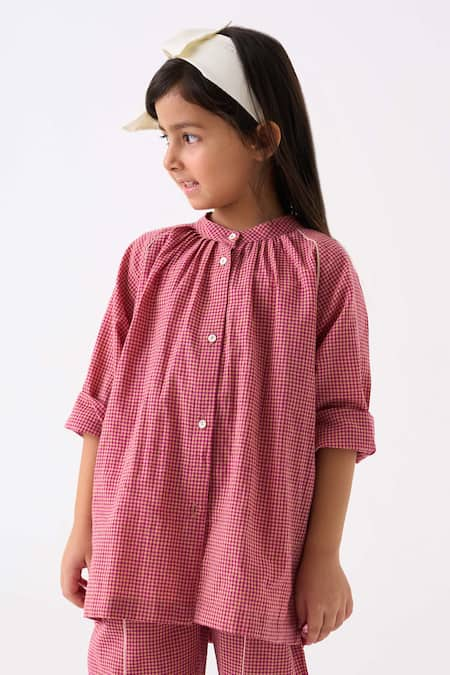 THREE Gathered Neck Checks Pattern Shirt 