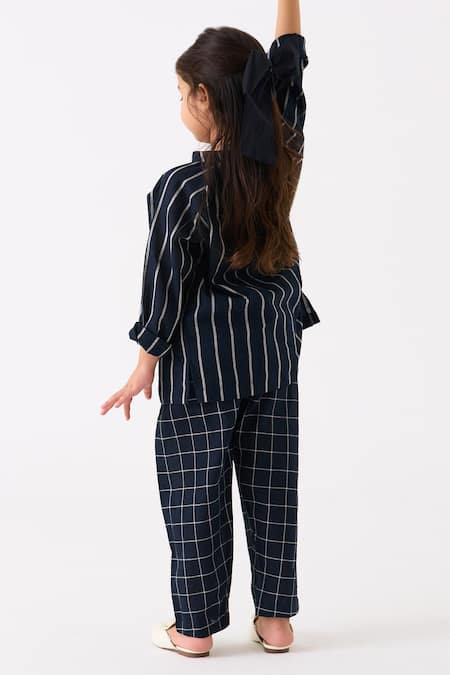 Shop Three Black Mul Printed Stripe Gathered Neck Shirt at Aza Fashions Shop_Three_Black Mul Printed Stripe Gathered Neck Shirt_at_Aza_Fashions