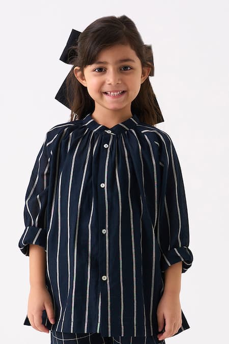 Three Black Mul Printed Stripe Gathered Neck Shirt Online at Aza Fashions Three_Black Mul Printed Stripe Gathered Neck Shirt_Online_at_Aza_Fashions