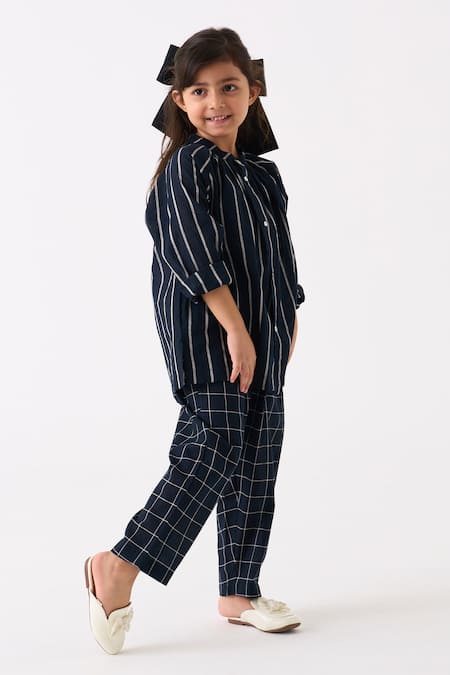 Buy Three Black Mul Printed Stripe Gathered Neck Shirt Online at Aza Fashions Buy_Three_Black Mul Printed Stripe Gathered Neck Shirt_Online_at_Aza_Fashions