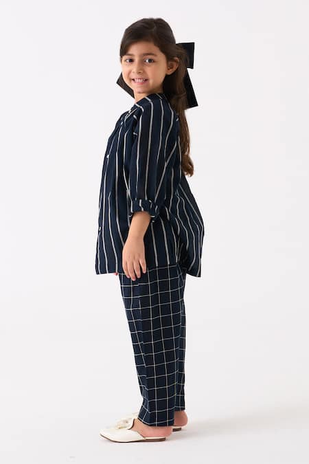 Shop Three Black Mul Printed Stripe Gathered Neck Shirt Online at Aza Fashions Shop_Three_Black Mul Printed Stripe Gathered Neck Shirt_Online_at_Aza_Fashions
