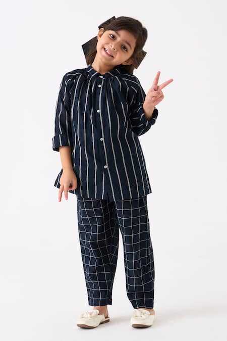 Three Black Mul Printed Stripe Gathered Neck Shirt at Aza Fashions Three_Black Mul Printed Stripe Gathered Neck Shirt_at_Aza_Fashions