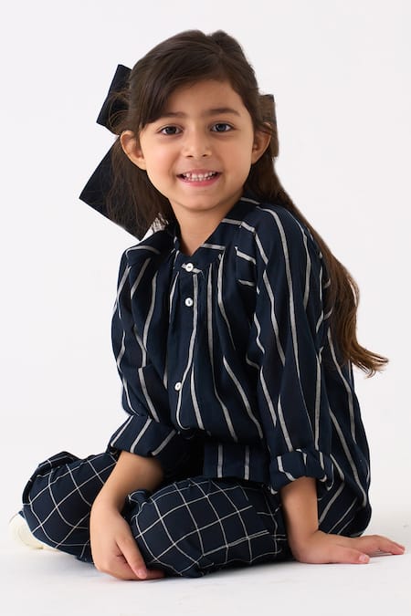 Buy Three Black Mul Printed Stripe Gathered Neck Shirt Buy_Three_Black Mul Printed Stripe Gathered Neck Shirt