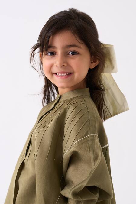 THREE_Green Chanderi Pintuck Detail Top _at_Aza_Fashions