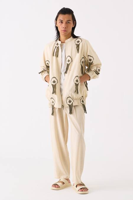 Three Ivory Handloom Cotton Embroidered Thread Fringe Bomber Jacket Online at Aza Fashions Three_Ivory Handloom Cotton Embroidered Thread Fringe Bomber Jacket _Online_at_Aza_Fashions