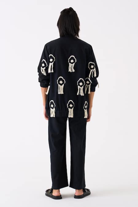 Shop Three Black Handloom Cotton Embroidered Thread Bomber Jacket at Aza Fashions Shop_Three_Black Handloom Cotton Embroidered Thread Bomber Jacket _at_Aza_Fashions