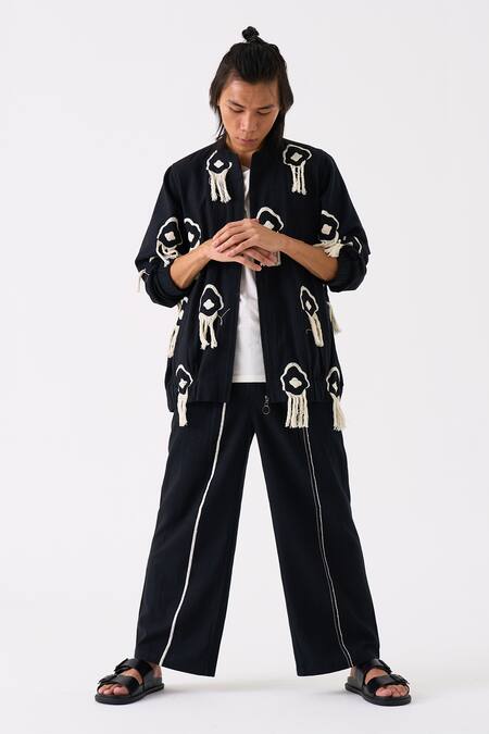 Three Black Handloom Cotton Embroidered Thread Bomber Jacket Online at Aza Fashions Three_Black Handloom Cotton Embroidered Thread Bomber Jacket _Online_at_Aza_Fashions