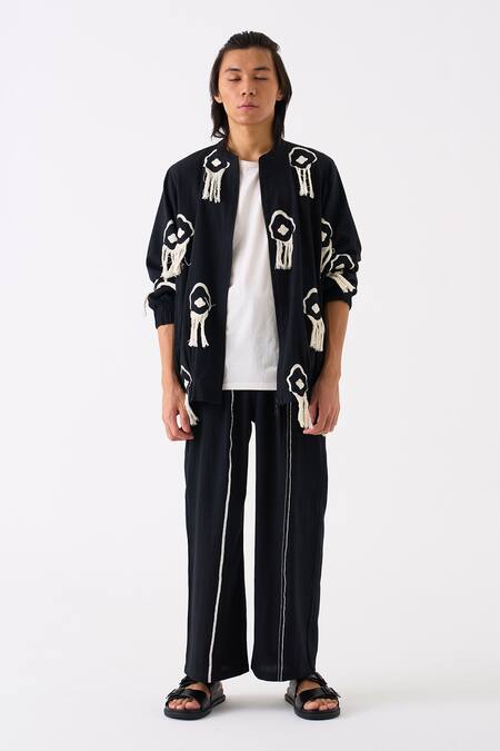 Buy Three Black Handloom Cotton Embroidered Thread Bomber Jacket Online at Aza Fashions Buy_Three_Black Handloom Cotton Embroidered Thread Bomber Jacket _Online_at_Aza_Fashions
