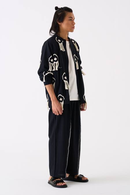 Shop Three Black Handloom Cotton Embroidered Thread Bomber Jacket Online at Aza Fashions Shop_Three_Black Handloom Cotton Embroidered Thread Bomber Jacket _Online_at_Aza_Fashions