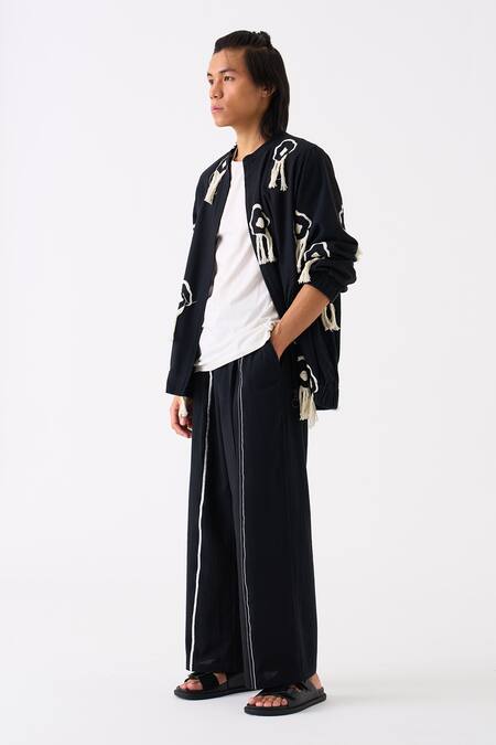 Buy Three Black Handloom Cotton Embroidered Thread Bomber Jacket Buy_Three_Black Handloom Cotton Embroidered Thread Bomber Jacket