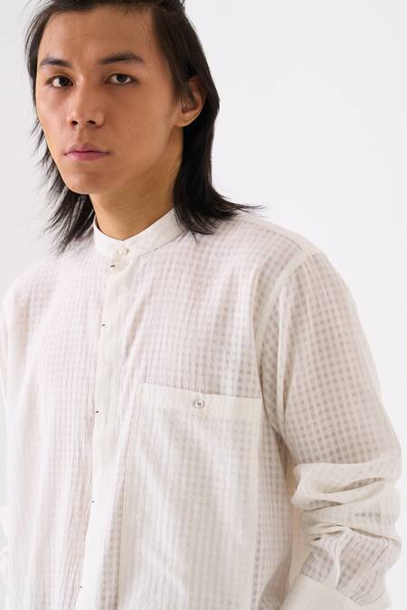 Three White Mul Checkered Button Down Shirt at Aza Fashions Three_White Mul Checkered Button Down Shirt _at_Aza_Fashions