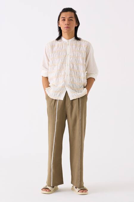 Three White Mul Smock Detailed Shirt Online at Aza Fashions Three_White Mul Smock Detailed Shirt _Online_at_Aza_Fashions