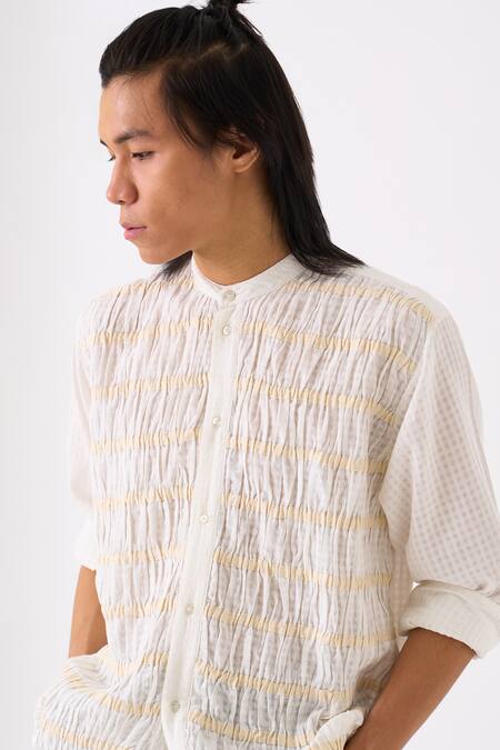Shop Three White Mul Smock Detailed Shirt Online at Aza Fashions Shop_Three_White Mul Smock Detailed Shirt _Online_at_Aza_Fashions