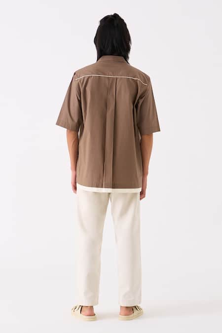 Shop Three Brown Poplin Embroidered Lapel Collar Half Sleeve Shirt at Aza Fashions Shop_Three_Brown Poplin Embroidered Lapel Collar Half Sleeve Shirt _at_Aza_Fashions