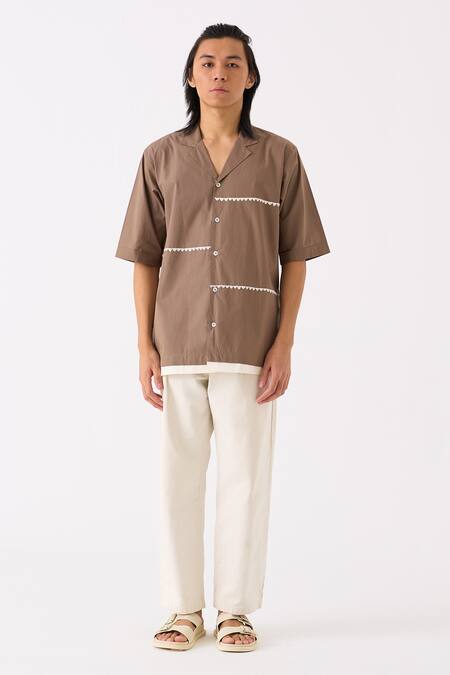 Three Brown Poplin Embroidered Lapel Collar Half Sleeve Shirt Online at Aza Fashions Three_Brown Poplin Embroidered Lapel Collar Half Sleeve Shirt _Online_at_Aza_Fashions