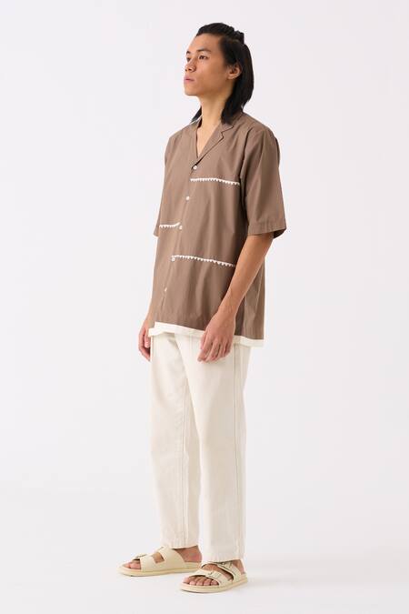 Buy Three Brown Poplin Embroidered Lapel Collar Half Sleeve Shirt Online at Aza Fashions Buy_Three_Brown Poplin Embroidered Lapel Collar Half Sleeve Shirt _Online_at_Aza_Fashions
