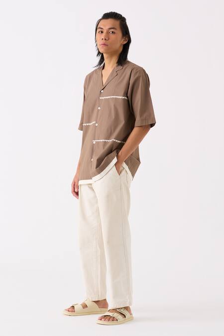 Shop Three Brown Poplin Embroidered Lapel Collar Half Sleeve Shirt Online at Aza Fashions Shop_Three_Brown Poplin Embroidered Lapel Collar Half Sleeve Shirt _Online_at_Aza_Fashions