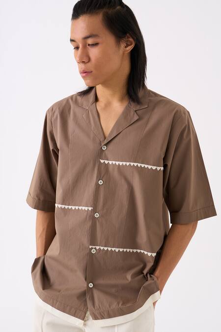 Three Brown Poplin Embroidered Lapel Collar Half Sleeve Shirt at Aza Fashions Three_Brown Poplin Embroidered Lapel Collar Half Sleeve Shirt _at_Aza_Fashions