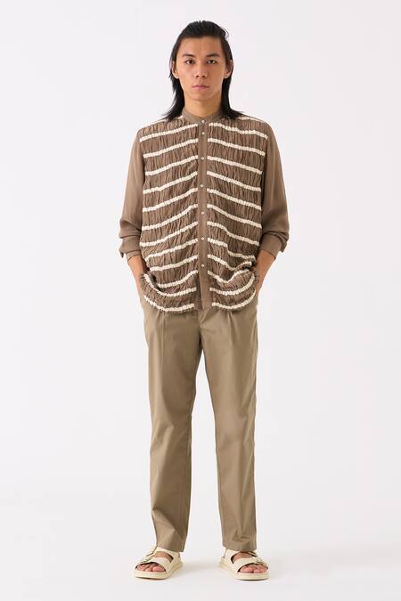 Three Green Crepe Smocked Button Down Shirt Online at Aza Fashions Three_Green Crepe Smocked Button Down Shirt _Online_at_Aza_Fashions