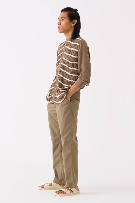 Buy Three Green Crepe Smocked Button Down Shirt Online at Aza Fashions Buy_Three_Green Crepe Smocked Button Down Shirt _Online_at_Aza_Fashions