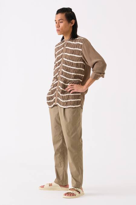 Shop Three Green Crepe Smocked Button Down Shirt Online at Aza Fashions Shop_Three_Green Crepe Smocked Button Down Shirt _Online_at_Aza_Fashions