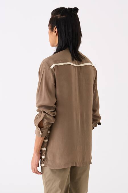 Three Green Crepe Smocked Button Down Shirt at Aza Fashions Three_Green Crepe Smocked Button Down Shirt _at_Aza_Fashions