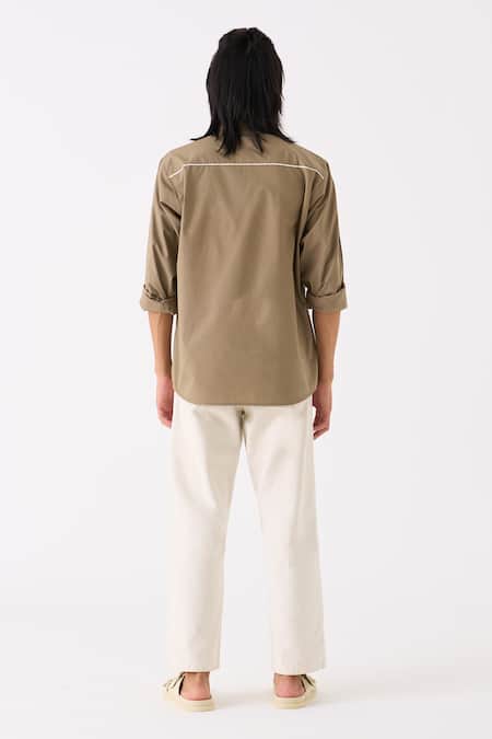 Shop Three Grey Poplin Embroidered Thread Button Down Shirt at Aza Fashions Shop_Three_Grey Poplin Embroidered Thread Button Down Shirt _at_Aza_Fashions