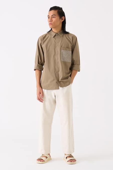 Three Grey Poplin Embroidered Thread Button Down Shirt Online at Aza Fashions Three_Grey Poplin Embroidered Thread Button Down Shirt _Online_at_Aza_Fashions