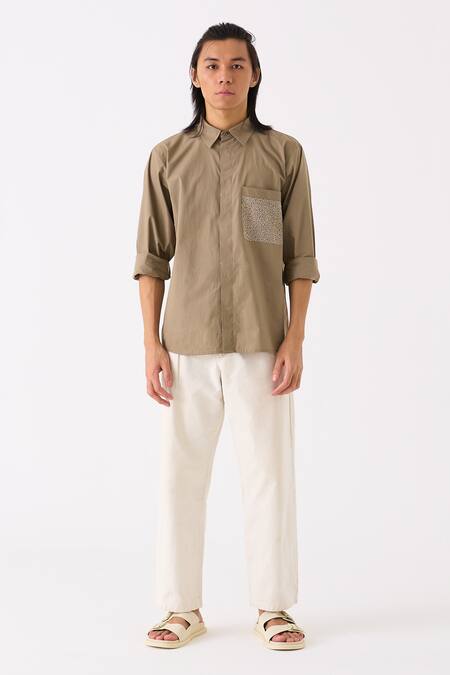 Buy Three Grey Poplin Embroidered Thread Button Down Shirt Online at Aza Fashions Buy_Three_Grey Poplin Embroidered Thread Button Down Shirt _Online_at_Aza_Fashions