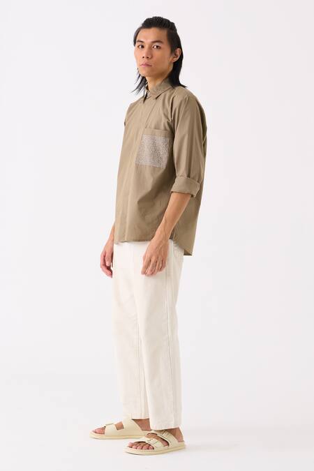 Shop Three Grey Poplin Embroidered Thread Button Down Shirt Online at Aza Fashions Shop_Three_Grey Poplin Embroidered Thread Button Down Shirt _Online_at_Aza_Fashions