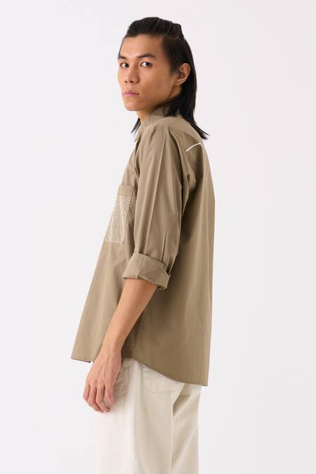 Three Grey Poplin Embroidered Thread Button Down Shirt at Aza Fashions Three_Grey Poplin Embroidered Thread Button Down Shirt _at_Aza_Fashions