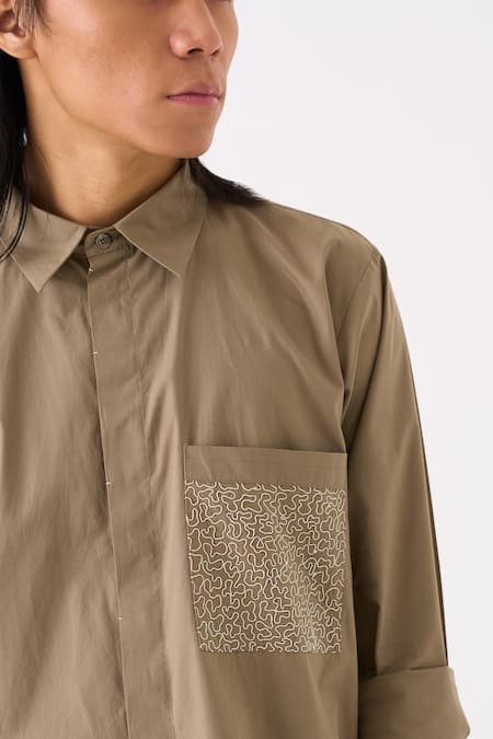 Buy Three Grey Poplin Embroidered Thread Button Down Shirt Buy_Three_Grey Poplin Embroidered Thread Button Down Shirt