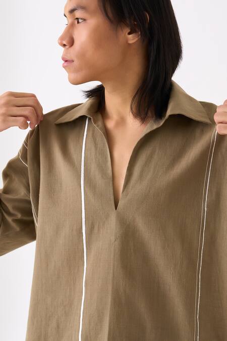 Three Grey Handloom Cotton Camp Collar Striped Shirt at Aza Fashions Three_Grey Handloom Cotton Camp Collar Striped Shirt _at_Aza_Fashions