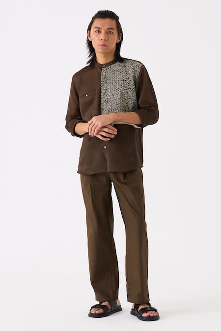 Three Green Chanderi Embroidered Patch Button Down Shirt Online at Aza Fashions Three_Green Chanderi Embroidered Patch Button Down Shirt _Online_at_Aza_Fashions